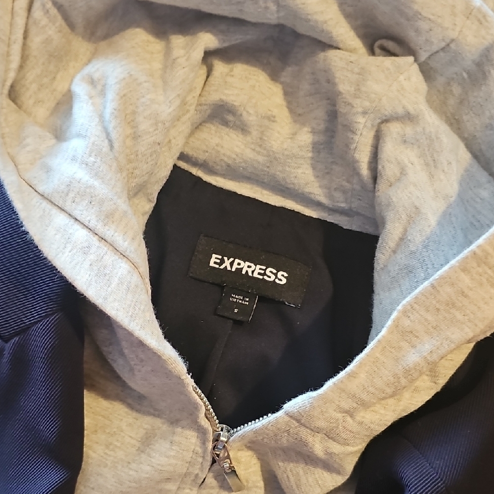 Express Navy Blazer with Light Gray Hoodie Layer - Picture 2 of 5